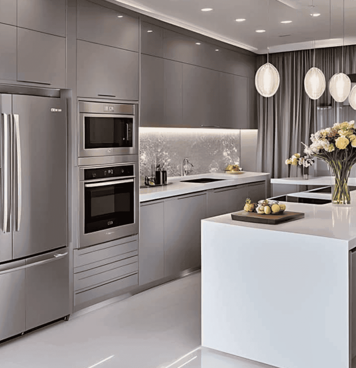 Kitchen with handleless grey cabinets, built-in ovens and a white island
