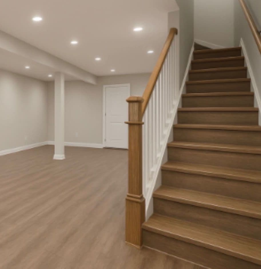 Finished basement with plank flooring, recessed lighting and a staircase to the main floor
